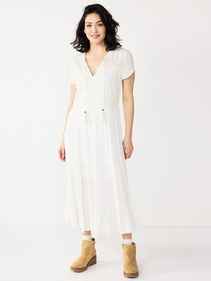 Sonoma White Tiered V-Neck Maxi Dress With Front Tassels